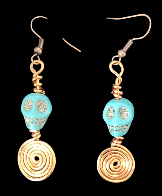 Copper Spiral Skull Earrings