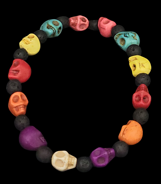 Lava Stone & Painted Turquoise Skull Bracelet