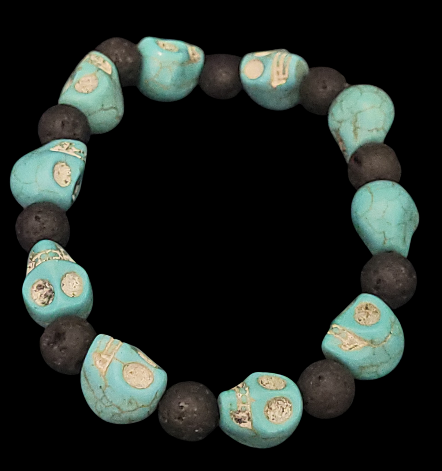 Lava Stone & Jumbo Painted Turquoise Skull Bracelet